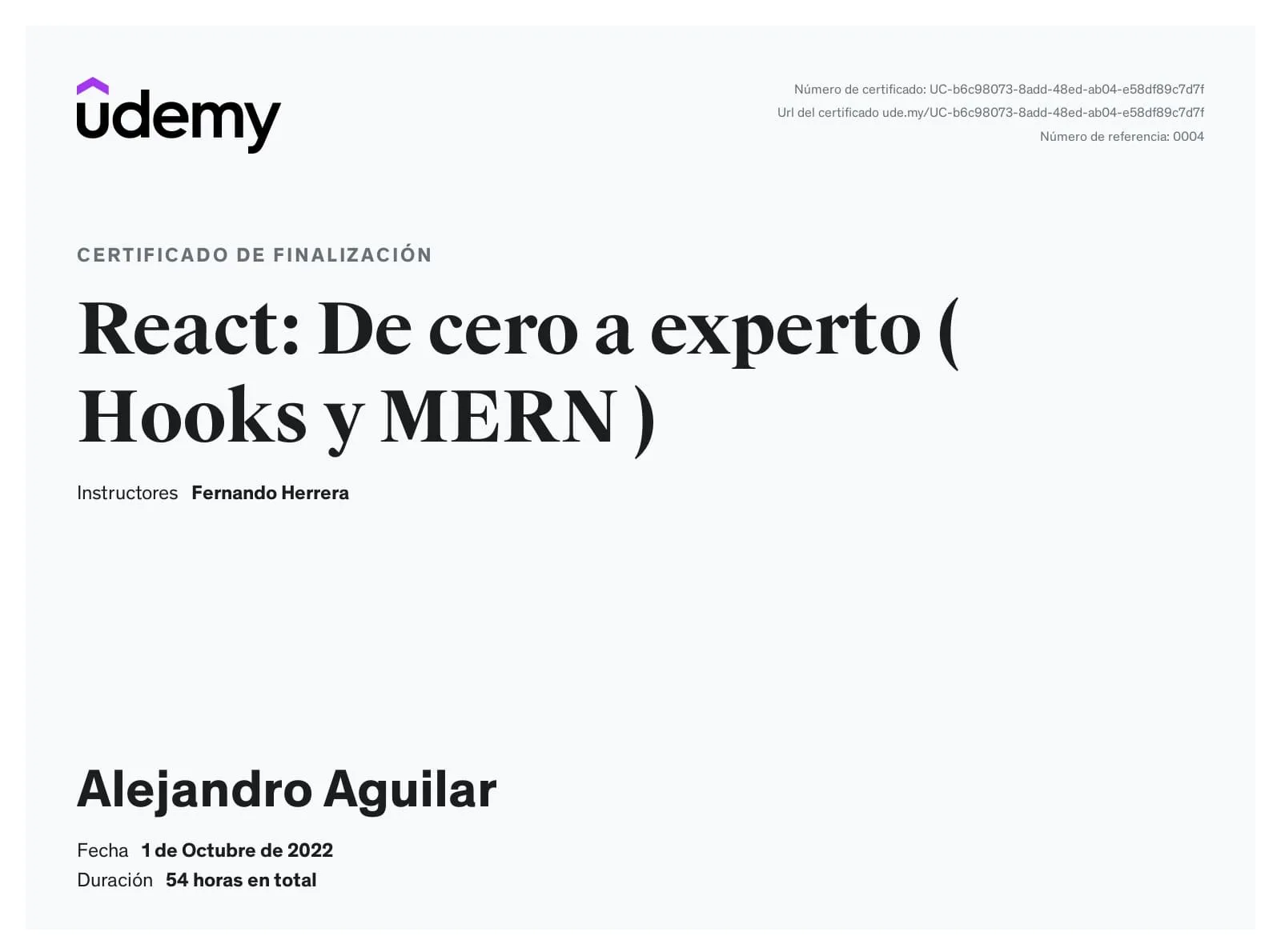 Certificado de React: De cero a experto Hooks y MERN