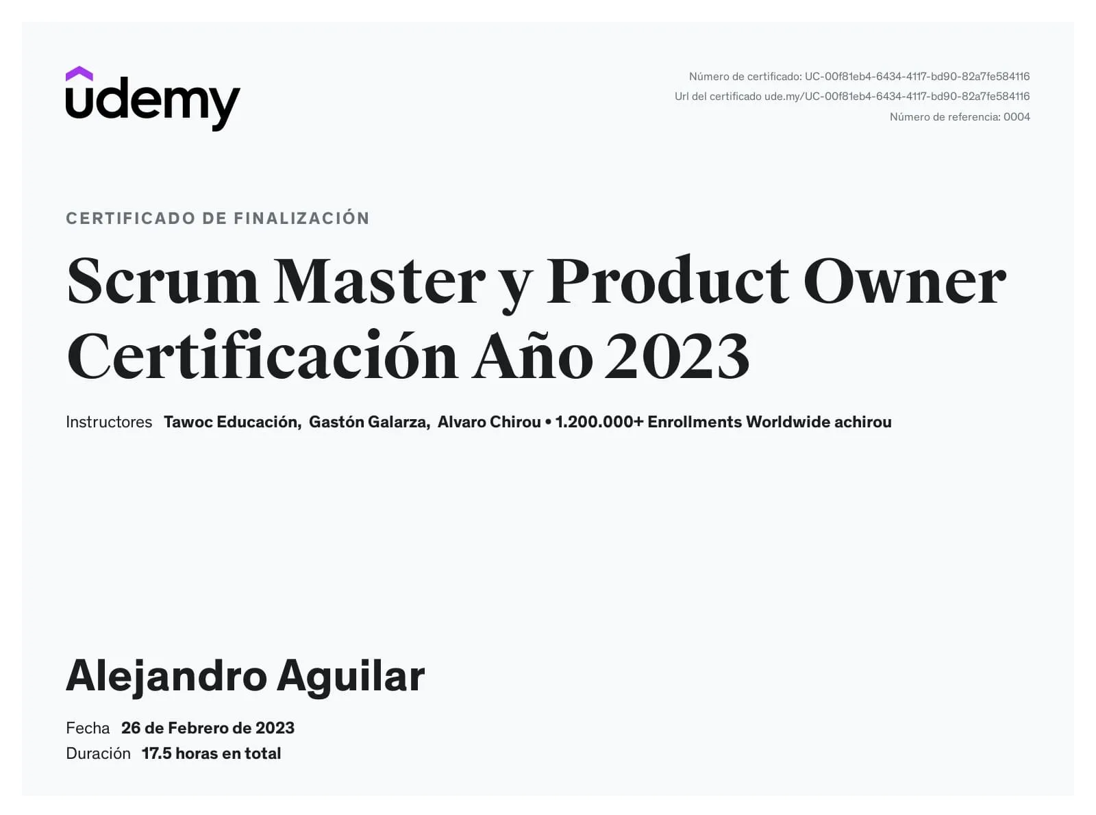 Certificado de Scrum Master y Product Owner Certificación Año 2023