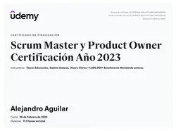 Certificado de Scrum Master y Product Owner Certificación Año 2023